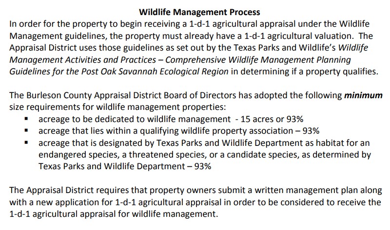 Wildlife Use of Land for Ag Tax Appraisal
